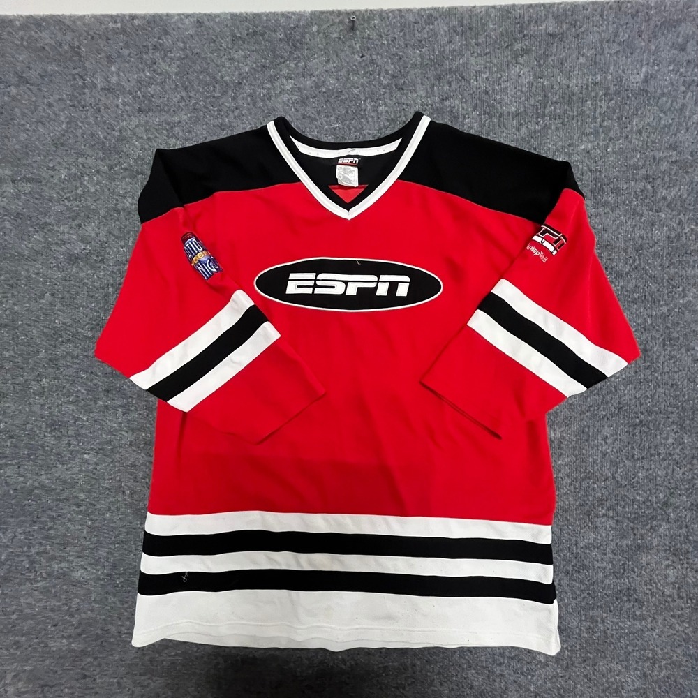 ESPN Hockey Jersey Mens Size XL Red Black White V-Neck Mesh Graphic Sportswear